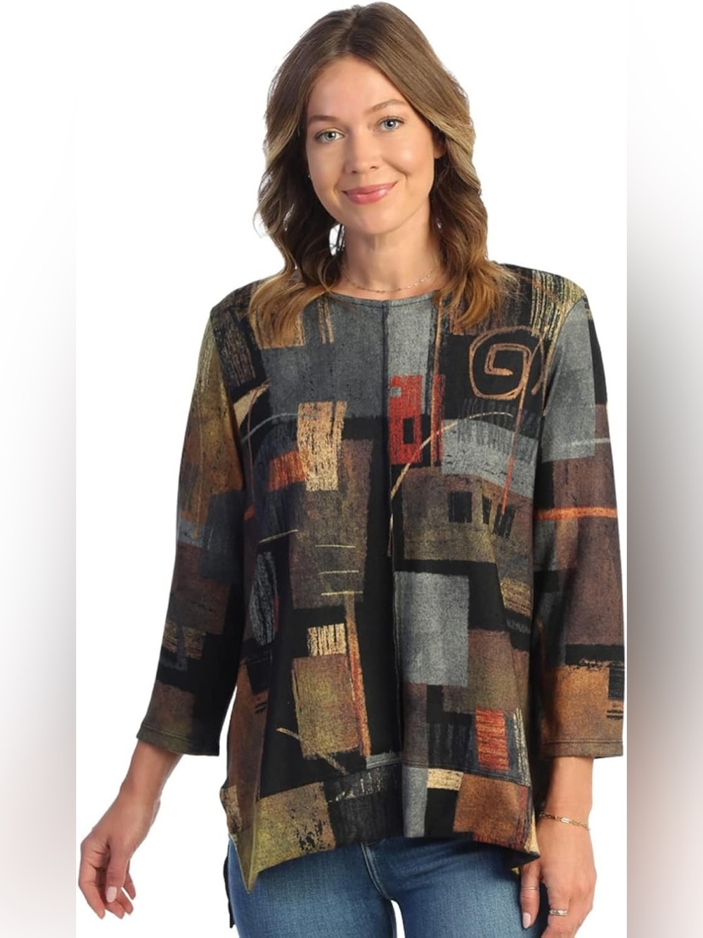 Jess & Jane Abstract Art Geometric Brushed Knit 3/4 Sleeve Tunic Top Large